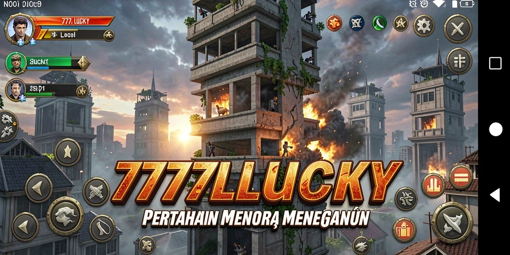 Screenshot gameplay <strong>777LUCKY</strong> menampilkan pertahanan menara yang epik melawan gelombang musuh.