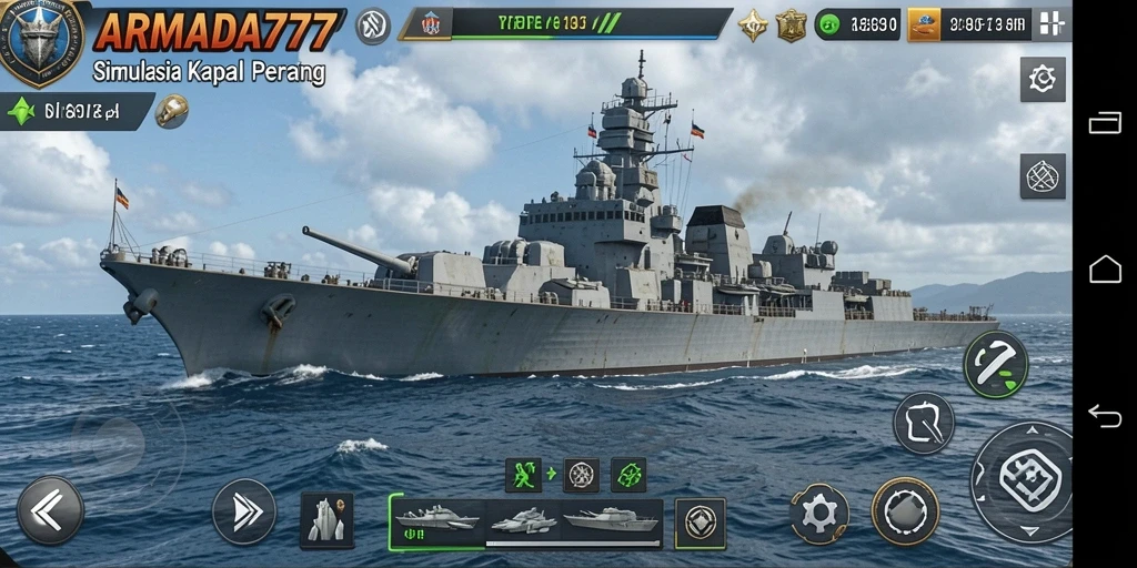 Tangkapan layar gameplay ARMADA777 menampilkan pertarungan laut yang mendebarkan.