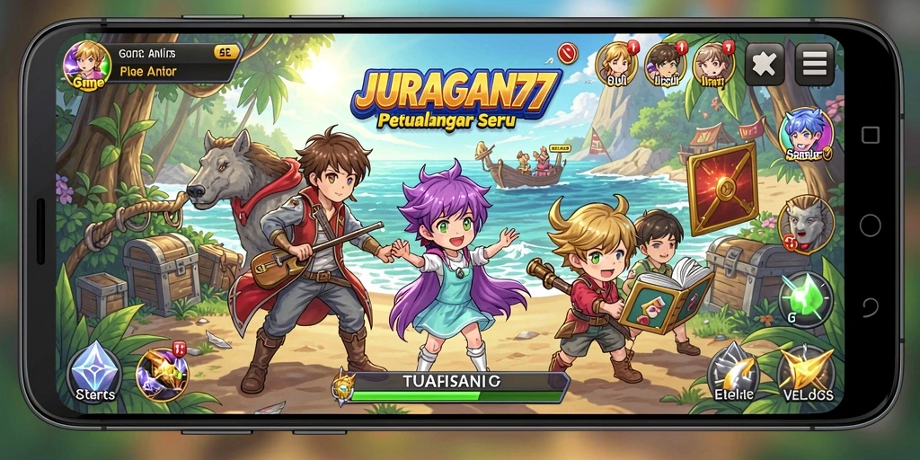 Screenshot utama JURAGAN77 menampilkan aksi seru dan karakter unik.