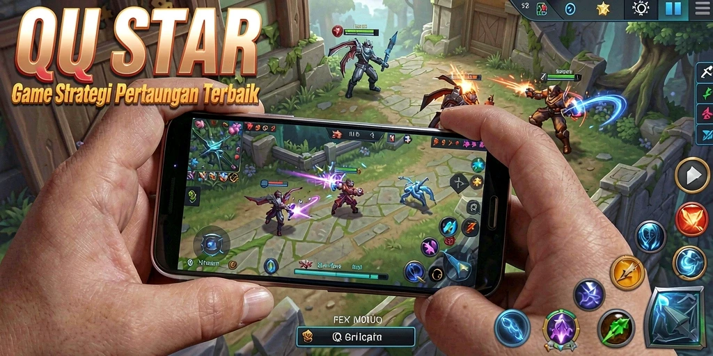 Tampilan gameplay <strong>QQSTAR</strong> dengan pertarungan strategis yang menarik.