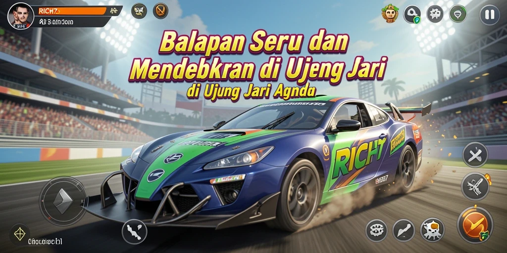 Screenshot gameplay RICH7 menampilkan adrenalin tinggi saat balapan.