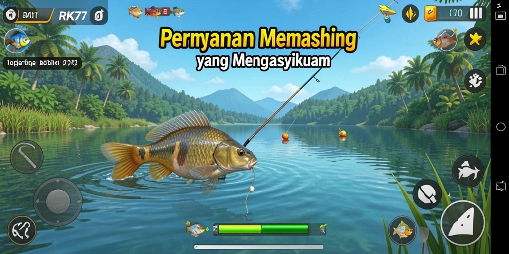 Tampilan gameplay RK77 yang menegangkan saat memancing di lautan.