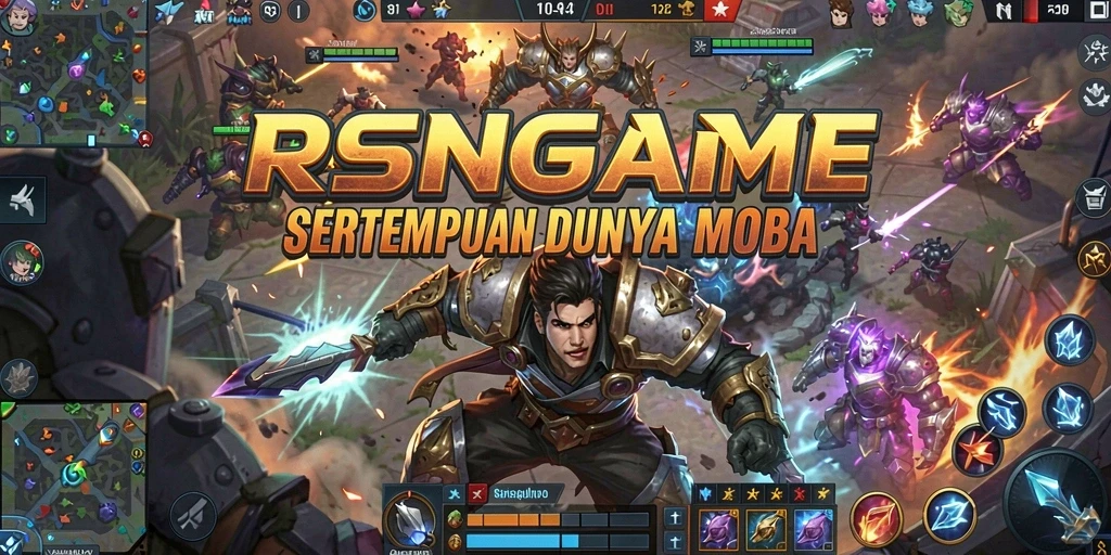 Screenshot RSNGAME menampilkan aksi pertempuran yang intens di arena MOBA.