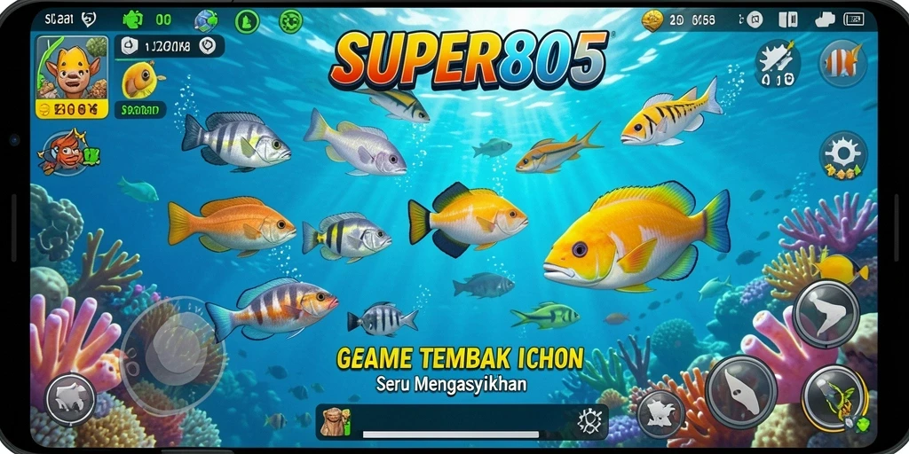 Tampilan gameplay SUPER805 yang seru saat menembak ikan di lautan.