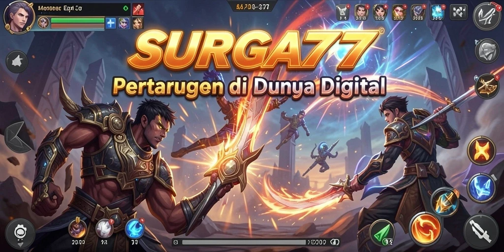 Screenshot utama SURGA77 menampilkan pertarungan dinamis antara karakter.